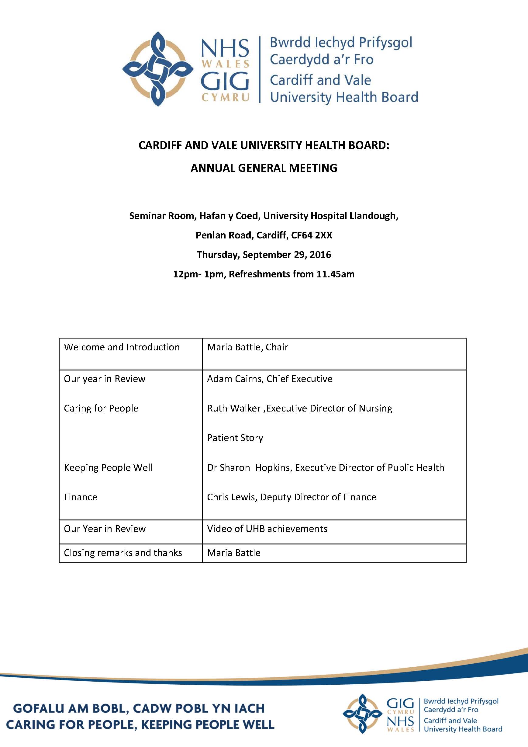 Agenda for Cardiff & Vale University Health Board AGM - 29 September 2016