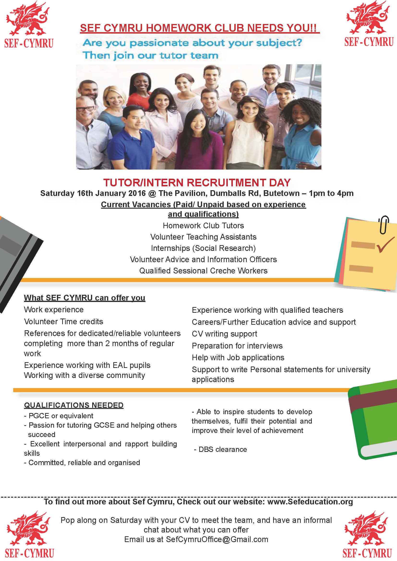 SEF Cymru tutor/intern recruitment day flyer